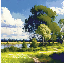 Gemälde einer Landschaft mit Bäumen, Wiese und Fluss