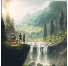 Landschaftsbild mit Wasserfall und zwei Personen auf einem Felsen