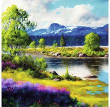 Gemälde einer Landschaft mit See, Bäumen und Bergen