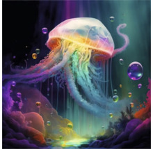 Illustration einer bunten Qualle mit Blasen im Wasser