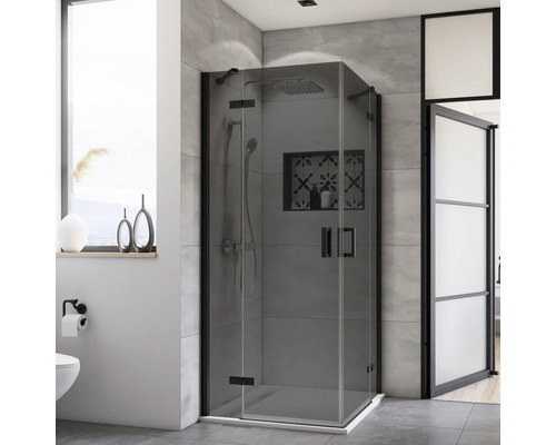 Eckeinstieg Drehtür 4-teilig Breuer Panorama 120x120 cm Dekor Grau Profilfarbe schwarz Eckeinstieg Drehtür 4-teilig Breuer Panorama 120x120 cm Dekor Grau Profilfarbe schwarz