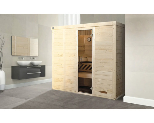 Sauna modulaire Weka Kemi 5 avec poêle bio 7,5 kW et commande digitale avec porte entièrement vitrée couleur graphite