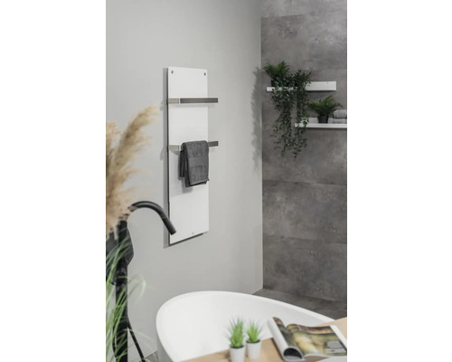 Salle de bains avec baignoire, sèche-serviettes et décoration