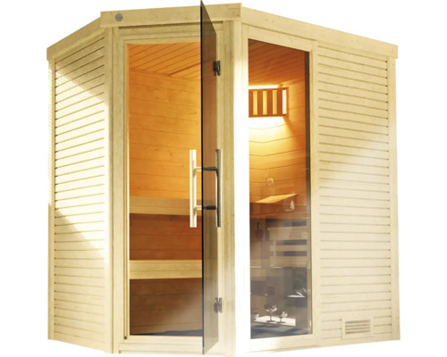 Sauna en bois massif Weka Cubilis 1 avec poêle bio 7,5 kW, fenêtre et porte entièrement vitrée couleur graphite