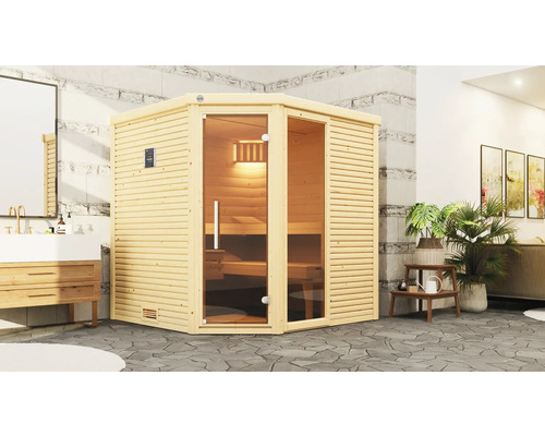 Sauna en bois massif Weka Cubilis 2 avec poêle bio 7,5 kW, fenêtre et porte entièrement vitrée couleur graphite