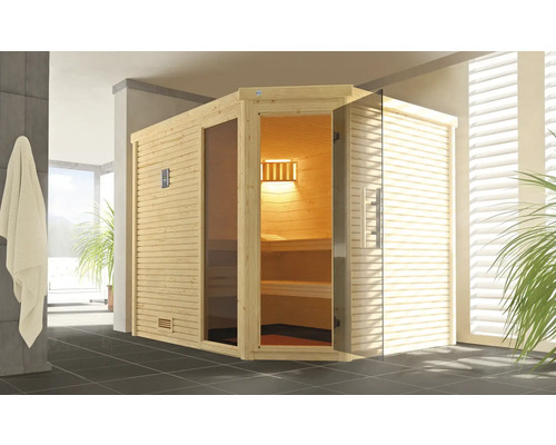 Sauna en bois massif Weka Cubilis 3 avec poêle bio 7,5 kW, fenêtre et porte entièrement vitrée couleur graphite