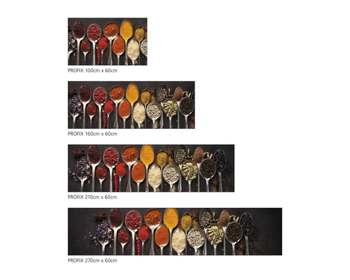Produktabbildung mit verschiedenen Größen eines Küchenrückwandmotivs, das Gewürze in Löffeln darstellt.