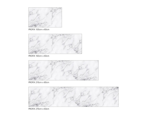Différentes tailles du film adhésif Profix aspect marbre, de 100 cm x 60 cm à 270 cm x 60 cm.