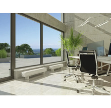 Bureau lumineux avec façade vitrée, mobilier de bureau et vue