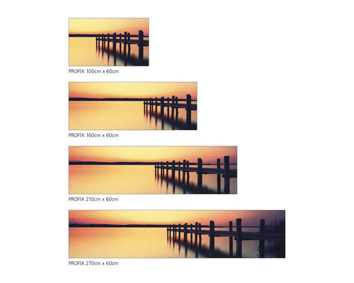 Vier Wandbilder von Profix mit Seebrücke im Sonnenuntergang in verschiedenen Größen.