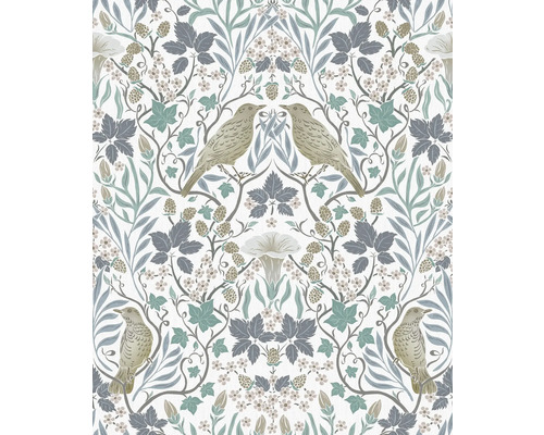 Papier peint intissé Heritage floral feuilles bleu blanc Papier peint à motif d''oiseaux, de houblon et de fleurs