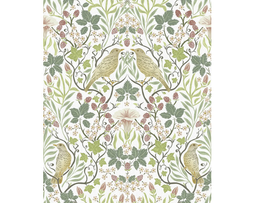 Papier peint intissé Heritage floral feuilles animaux vert blanc