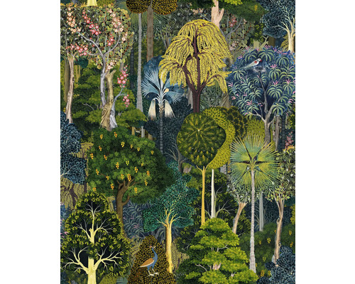 Papier peint intissé 47650 Heritage Floral vert Illustration d''une forêt dense avec différents arbres et plantes