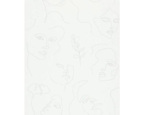 Papier peint intissé 82435 Kylie aspect textile blanc Papier peint avec des silhouettes continues de visages de femmes et des éléments floraux