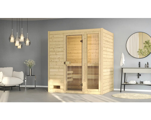 Sauna en bois massif Weka Valida 2 avec poêle 7,5 kW, fenêtre et porte entièrement vitrée en verre transparent