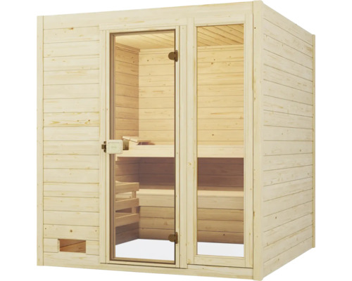 Sauna en bois massif Weka Valida 3 avec poêle bio 7,5 kW, fenêtre et porte entièrement vitrée en verre transparent