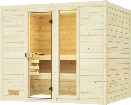 Sauna en bois massif Weka Valida 4 avec poêle bio 7,5 kW, fenêtre et porte entièrement vitrée en verre transparent