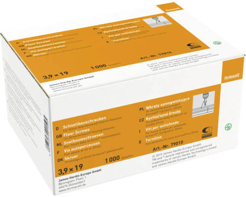 Vis pour construction rapide fermacell pour plaque de sol 3,9 mm x 19 mm paquet = 1000 pces Vis pour construction rapide fermacell pour plaque de sol 3,9 mm x 19 mm paquet = 1000 pces