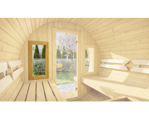 Élément de fenêtre Weka pour sauna baril 198 Vue intérieure d''un sauna tonneau avec des bancs en bois et des fenêtres.