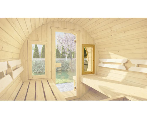 Intérieur d''un sauna tonneau avec fenêtre, porte et banquettes