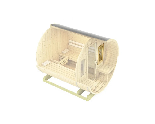 Sauna en forme de tonneau avec porte et bancs