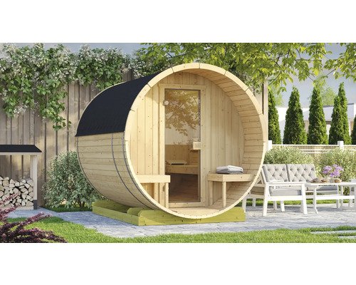 Fasssauna Weka 198 inkl. 9 kW Kompakt Ofen u.integr. Steuerung mit graphitfarbiger Ganzglastüre Fasssauna aus Holz mit Glastür im Garten