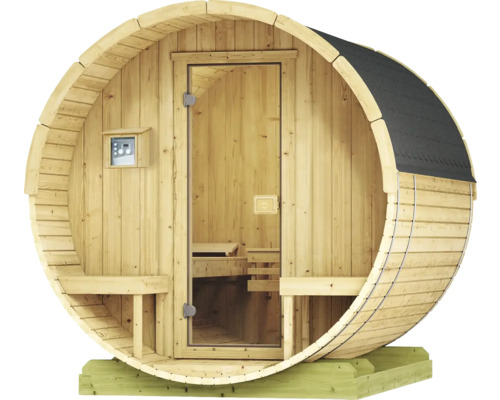 Sauna baril Weka 198 avec poêle BioS 9 kW avec commande digitale et porte entièrement vitrée couleur graphite