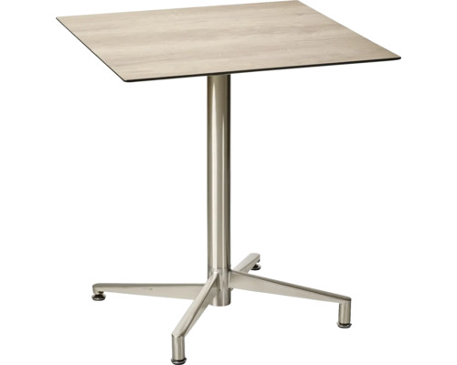 Table de jardin Destiny LOFT 80x80cm, acier inoxydable, plateau de table HPL, chêne fumé Table carrée avec pied central en métal et plateau