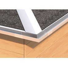 Detailansicht eines Daches mit Dachschindeln, Dachrinne und einer Holzwand.