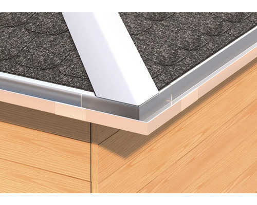 Detailansicht eines Daches mit Dachschindeln, Dachrinne und einer Holzwand.