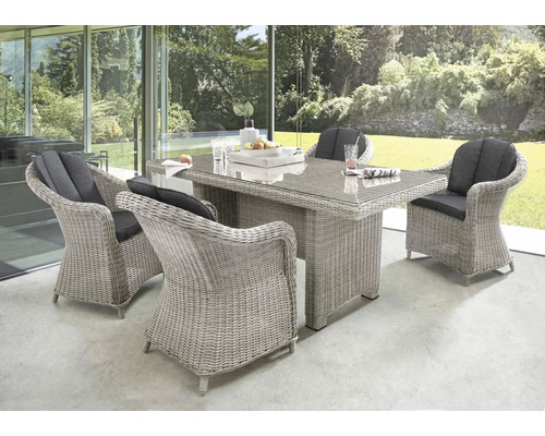 Sitzgruppe Destiny MALAGA LUNA 4 Sessel + Tisch 200x100x75cm, vintage weiß Gartensitzgruppe mit Rattanstühlen und Tisch mit Glasplatte im Garten
