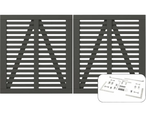 Portail double PLUS Harmoni y compris ferrures 200 x 107 cm RAL 7022 gris Deux portails en bois à lamelles et accessoires de montage