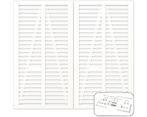 Weisse Fensterläden mit Lamellen und Beschläge-Set