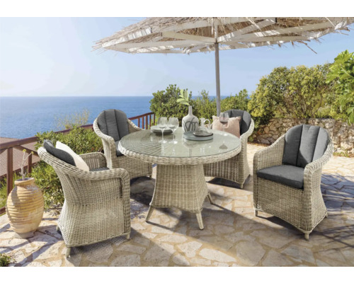 Coin salon Destiny MALAGA LUNA 4x fauteuils + table Ø120x75cm, naturel chiné Ensemble de jardin avec table ronde et fauteuils en rotin à l''extérieur.