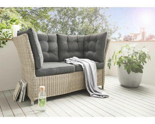 Canapé lounge Destiny PALMA 2 places, avec galettes d'assise, rotin synthétique, naturel chiné Ensemble de sièges de jardin en rotin avec coussins gris sur un balcon