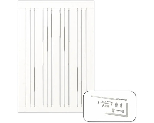 Portail à un vantail PLUS Tangent y compris ferrures 95 x 140 cm RAL 9010 blanc Clôture en bois avec ferrures
