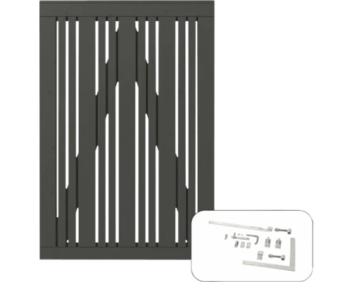 Portail à un vantail PLUS Tangent y compris ferrures 95 x 140 cm RAL 7022 gris Panneau de confidentialité en bois avec ferrures
