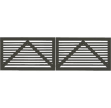 Deux portails de jardin en bois avec des lamelles horizontales et un motif triangulaire