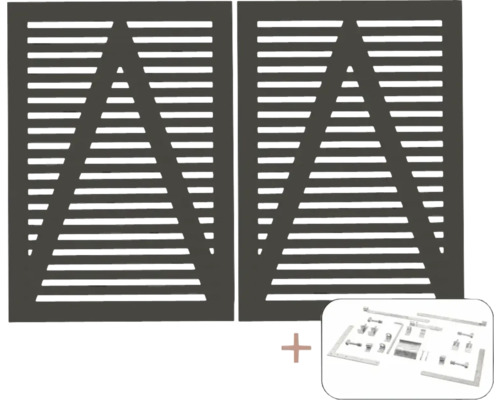 Zwei Fensterläden mit Dreiecksmuster und Montagematerial