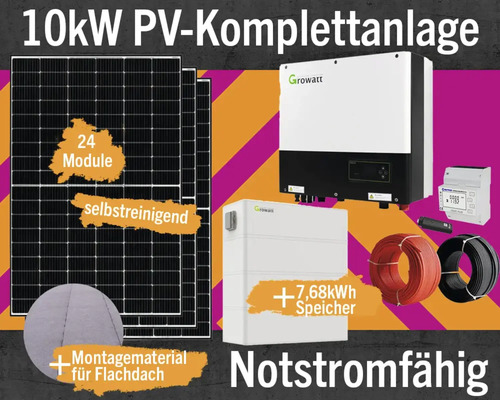 PV-Komplettanlage 7,68 kWp (notstromfähig) 10 kWp inkl. Hybrid-Wechselrichter + Zubehör für Flachdach Solarmodul-Set Anzahl Module 24 Stück 10 Kilowatt Photovoltaik Komplettanlage mit Modulen, Wechselrichter, Speicher, Stromzähler und Zubehör für Flachdächer