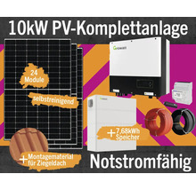 10 Kilowatt Photovoltaik Komplettanlage mit 24 Modulen, Energiespeicher, Wechselrichter, Stromzähler, Kabeln und Montagezubehör für Ziegeldächer