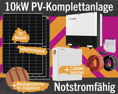 PV-Komplettanlage mit Speicher 7,68 kW (notstromfähig) 10 kWp inkl. Hybrid-Wechselrichter + Zubehör für Ziegeldach Solarmodul-Set PV-Modul Anzahl 24 Stück 10 Kilowatt Photovoltaik Komplettanlage mit 24 Modulen, Energiespeicher, Wechselrichter, Stromzähler, Kabeln und Montagezubehör für Ziegeldächer