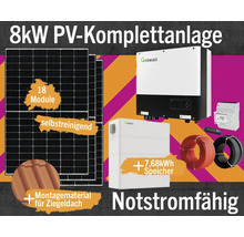 8 Kilowatt Photovoltaik Komplettanlage mit 18 Modulen, selbstreinigend, inklusive Montagematerial für Ziegeldach, 7,68 Kilowattstunden Speicher und Notstromfunktion.