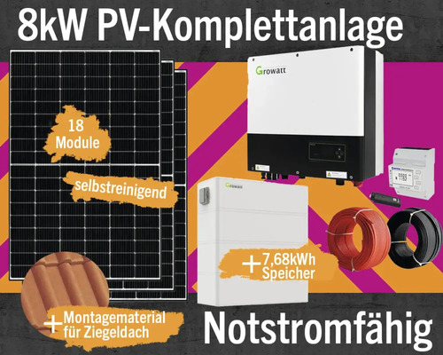 Installation photovoltaïque complète avec accumulateur 7.68 kW (capable d'alimenter en cas d'urgence) 8 kWp avec onduleur hybride + accessoires pour toiture en tuile ensemble de module solaire nombre de modules 18 pièces Installation photovoltaïque complète de 8 kilowatts avec 18 modules, autonettoyante, matériel de montage pour toit en tuiles inclus, stockage de 7,68 kilowattheures et fonction d''alimentation de secours.
