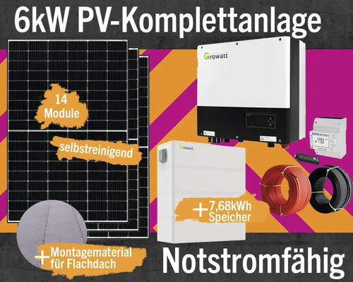 PV-Komplettanlage mit Speicher 7,68 kW (notstromfähig) 6 kWp inkl. Hybrid-Wechselrichter + Zubehör für Bitumen Flachdach Solarmodul-Set Anzahl Module 14 Stück 6kW Photovoltaik Komplettanlage mit 14 Modulen, Batteriespeicher, Wechselrichter, Stromkabel und Montagematerial für Flachdächer