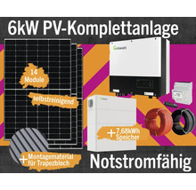6 Kilowatt Photovoltaik Komplettanlage mit Solarmodulen, Wechselrichter, Stromspeicher, Zubehör und Montagematerial für Trapezblechdächer