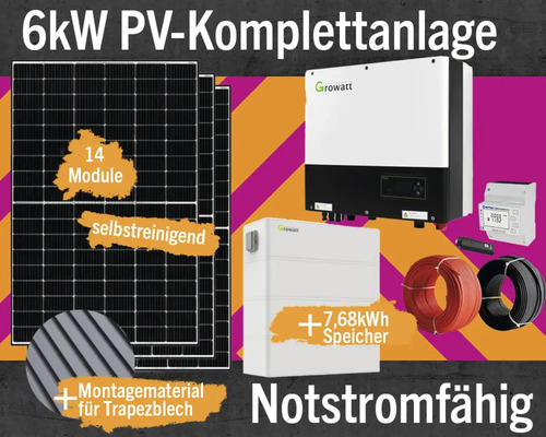 PV-Komplettanlage mit Speicher 7,68 kW (notstromfähig) 6 kWp inkl. Hybrid-Wechselrichter + Zubehör für Trapezblechdach Solarmodul-Set PV-Modul Anzahl 14 Stück 6 Kilowatt Photovoltaik Komplettanlage mit Solarmodulen, Wechselrichter, Stromspeicher, Zubehör und Montagematerial für Trapezblechdächer