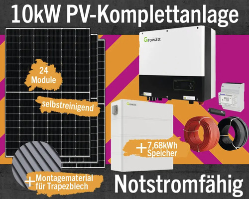PV-Komplettanlage mit Speicher 7,68 kW notstromfähig 10 kWp inkl. Hybrid-Wechselrichter + Zubehör für Trapezblechdach Anzahl Module 24 Stück 10 Kilowatt Photovoltaik Komplettanlage mit Solarmodulen, Wechselrichter, Stromspeicher, Zubehör und Montage Material