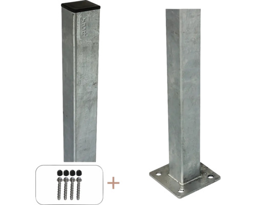 Stahlpfosten PLUS mit Sockel 4,5 x 4,5 x 132 cm mit Pfostenabdeckung/Bolzen Metallpfosten-Set mit Pfostenkappe, Schrauben und Bodenplatte für Zaunbau