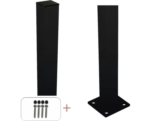 Stahlpfosten PLUS mit Sockel inkl. Schrauben, Pfostenabdeckung/Bolzen 4,5 x 4,5 x 96 cm schwarz Zaunpfosten Set mit Pfostenkappe, Schrauben und Fußplatte